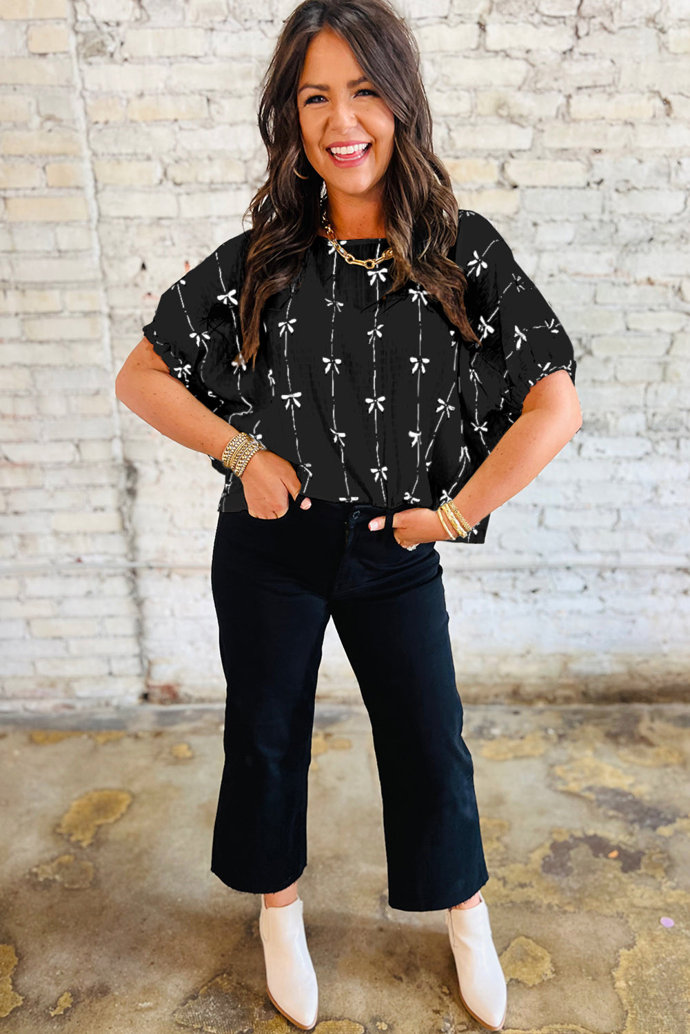 Women’s Black Bow Print Puff Short Sleeve Top