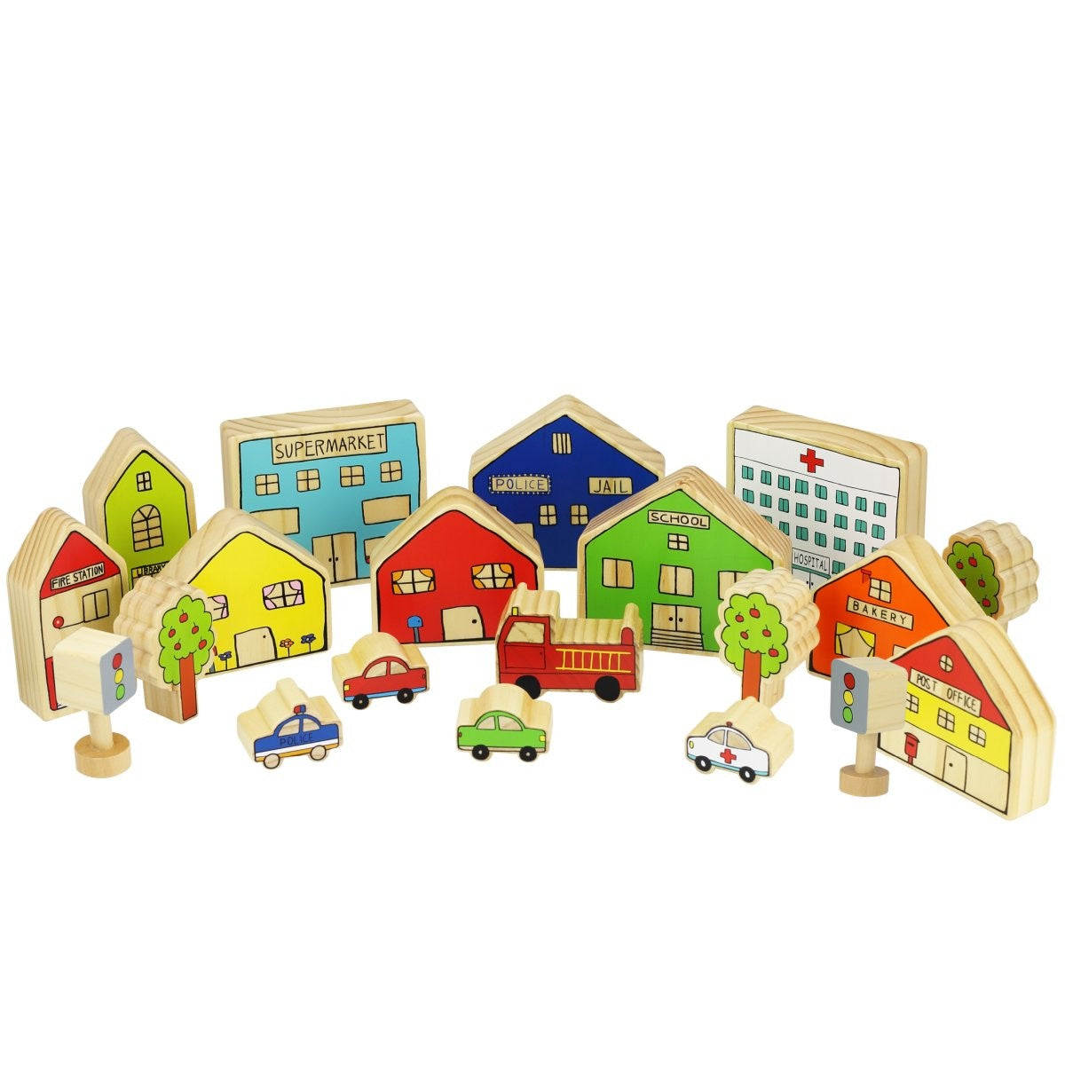 Wooden Community Play Set for Toddlers with Buildings and Vehicles - 20 Pieces