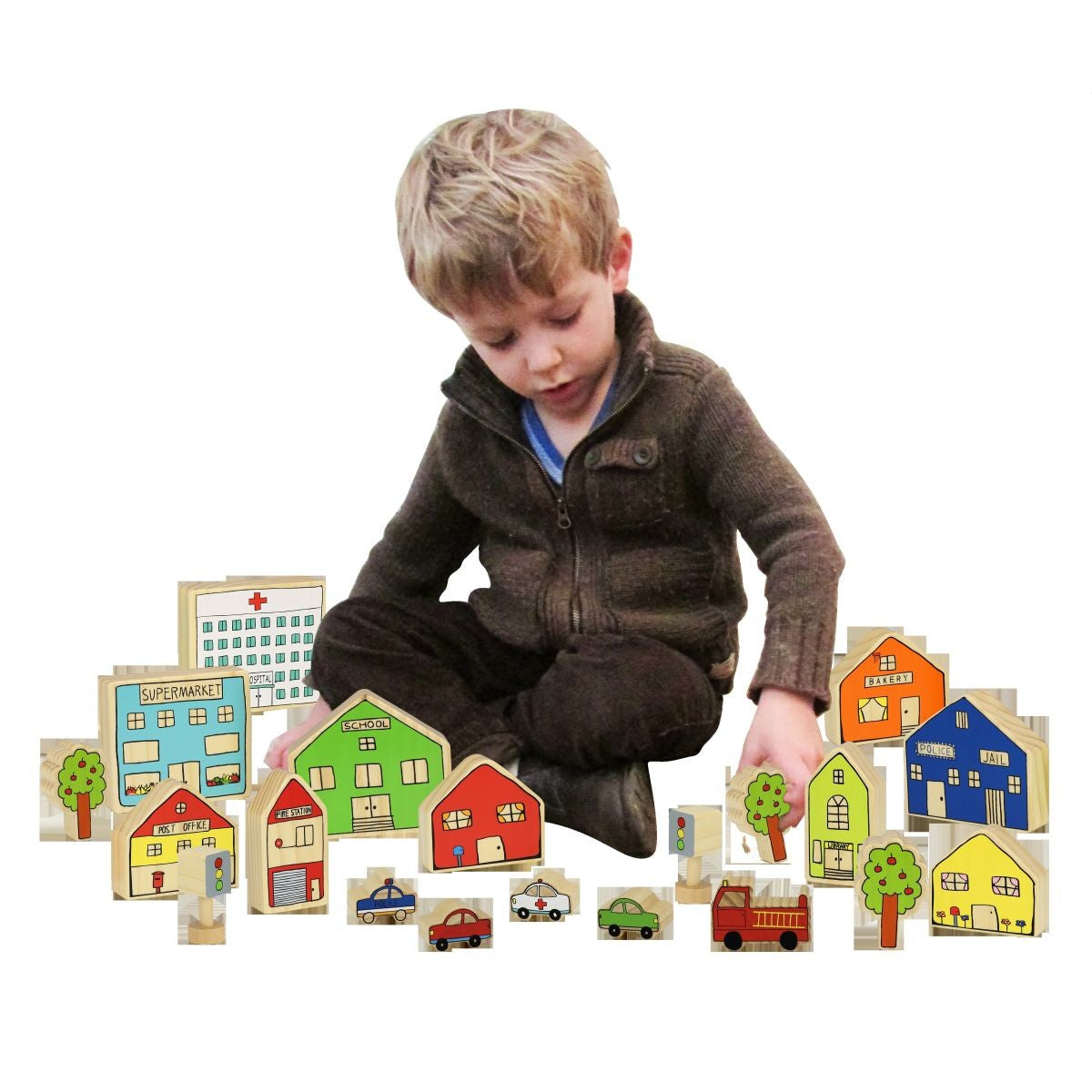 Wooden Community Play Set for Toddlers with Buildings and Vehicles - 20 Pieces