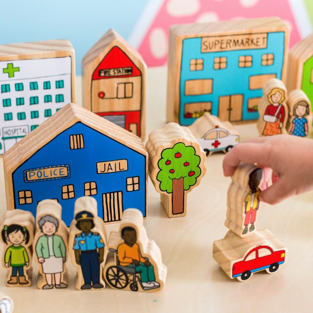 Wooden Community Play Set for Toddlers with Buildings and Vehicles - 20 Pieces