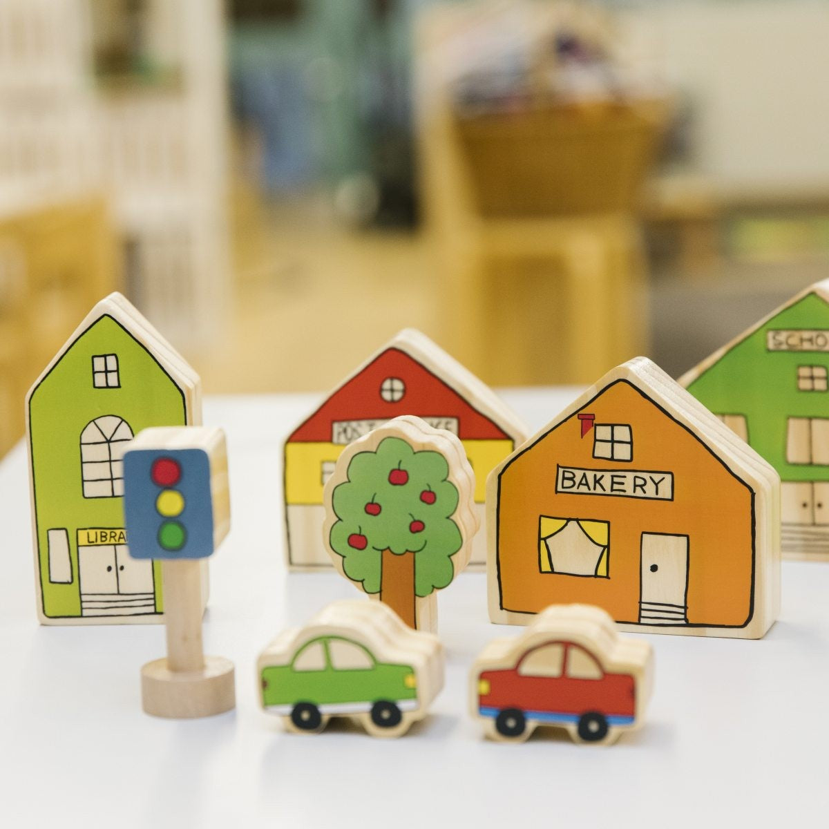 Wooden Community Play Set for Toddlers with Buildings and Vehicles - 20 Pieces