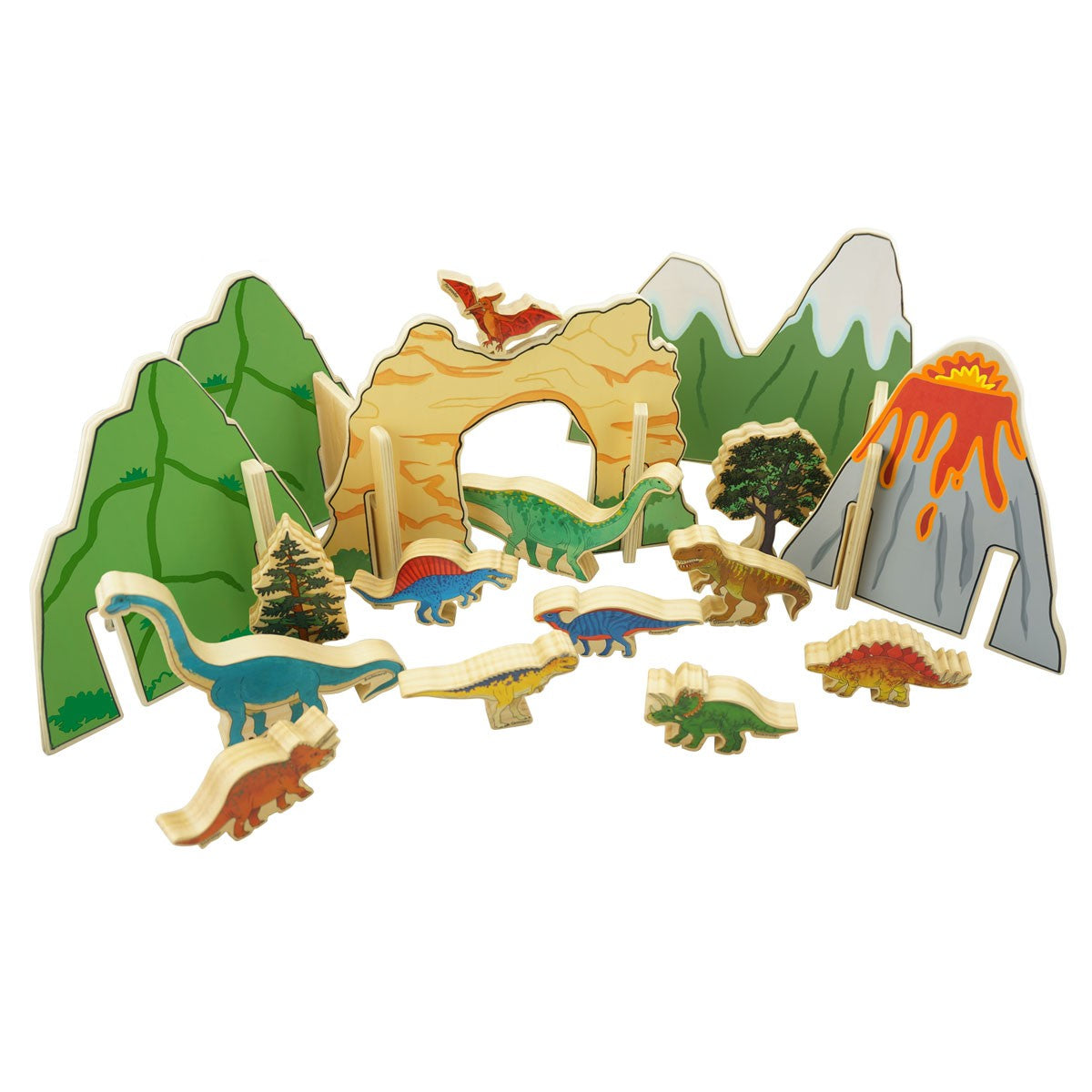 Wooden Dinosaur Play Set with Scenery & Trees - 20 Piece Activity Set