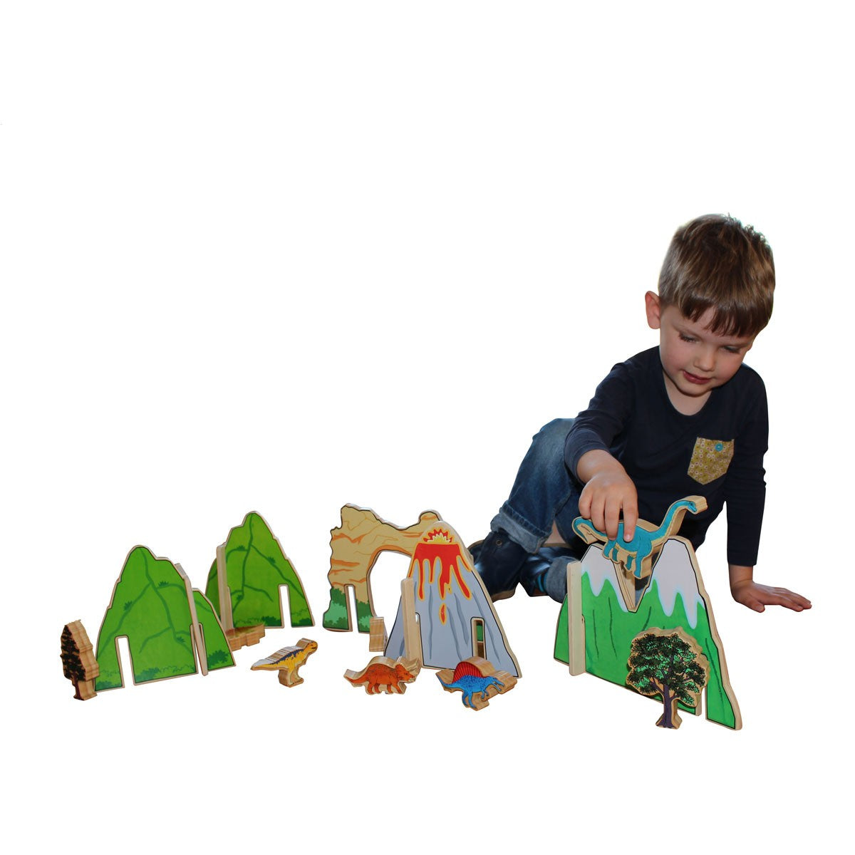 Wooden Dinosaur Play Set with Scenery & Trees - 20 Piece Activity Set