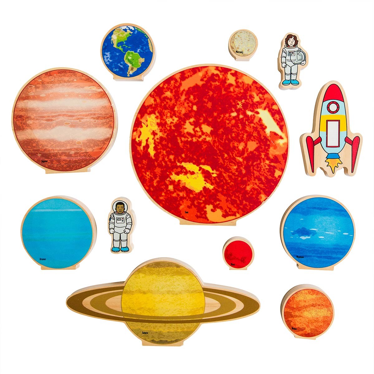 Wooden Solar System Play Set with Astronauts & Rocket - 12 Piece Activity Set