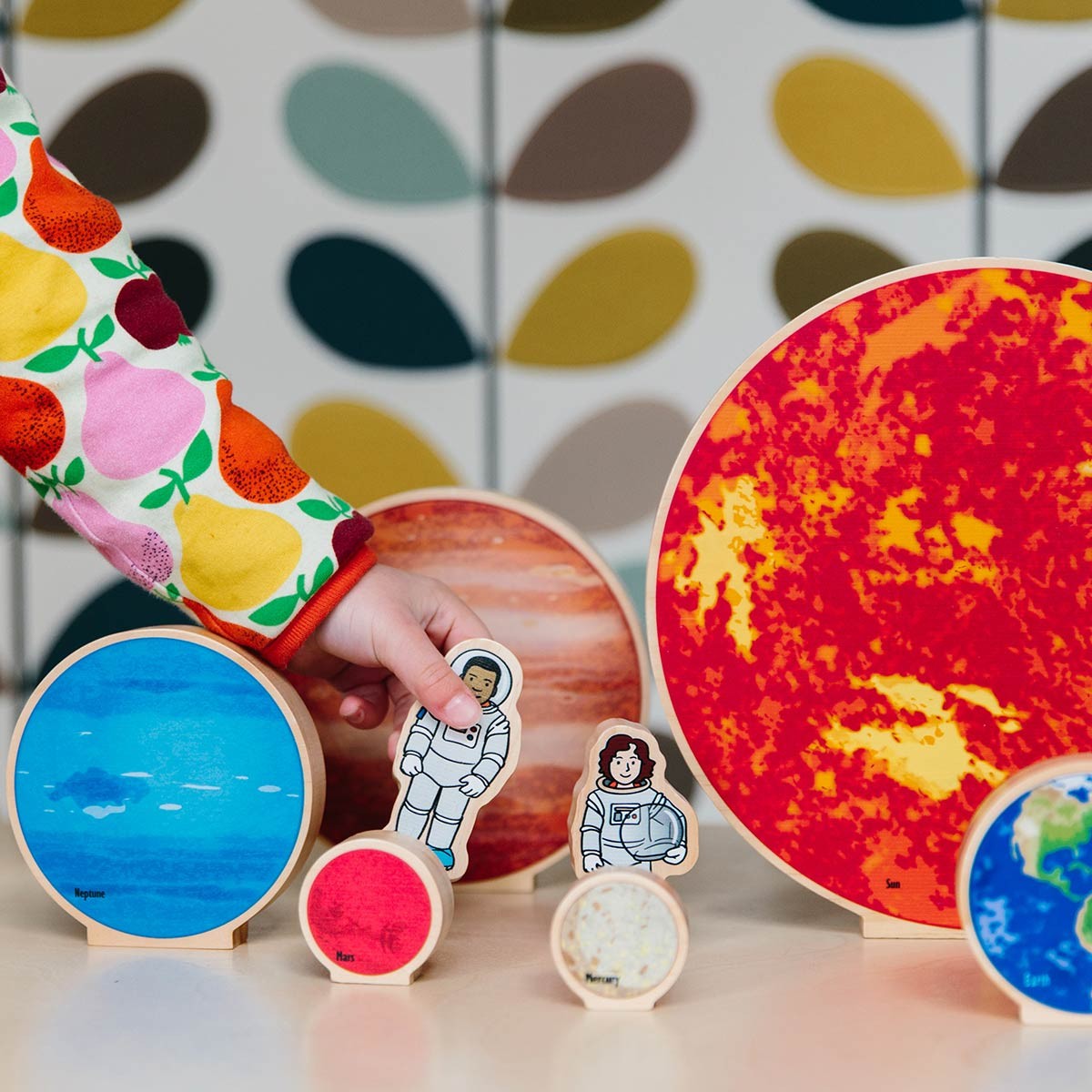 Wooden Solar System Play Set with Astronauts & Rocket - 12 Piece Activity Set