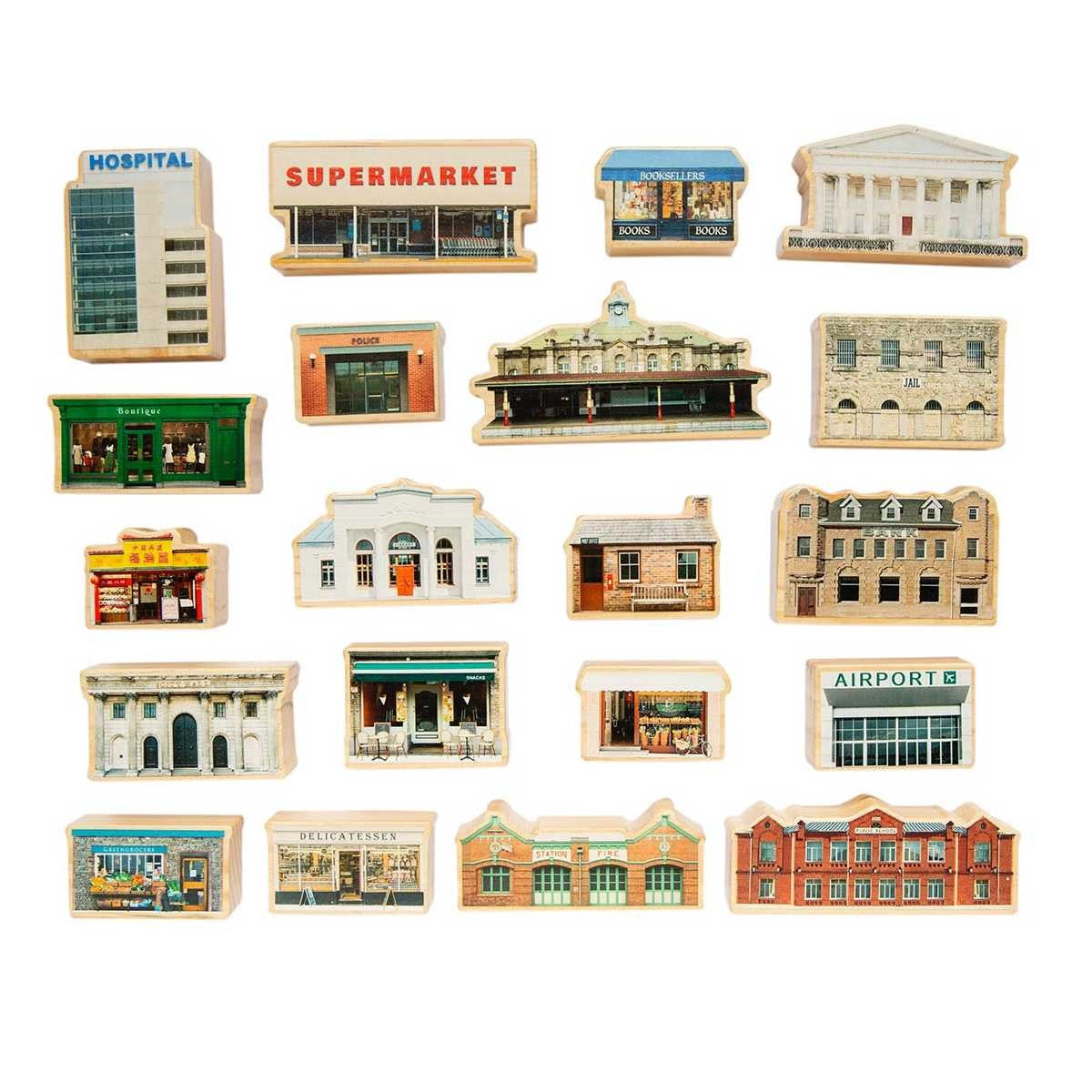Wooden Community Buildings Play Set - 20 Piece Town Activity Collection