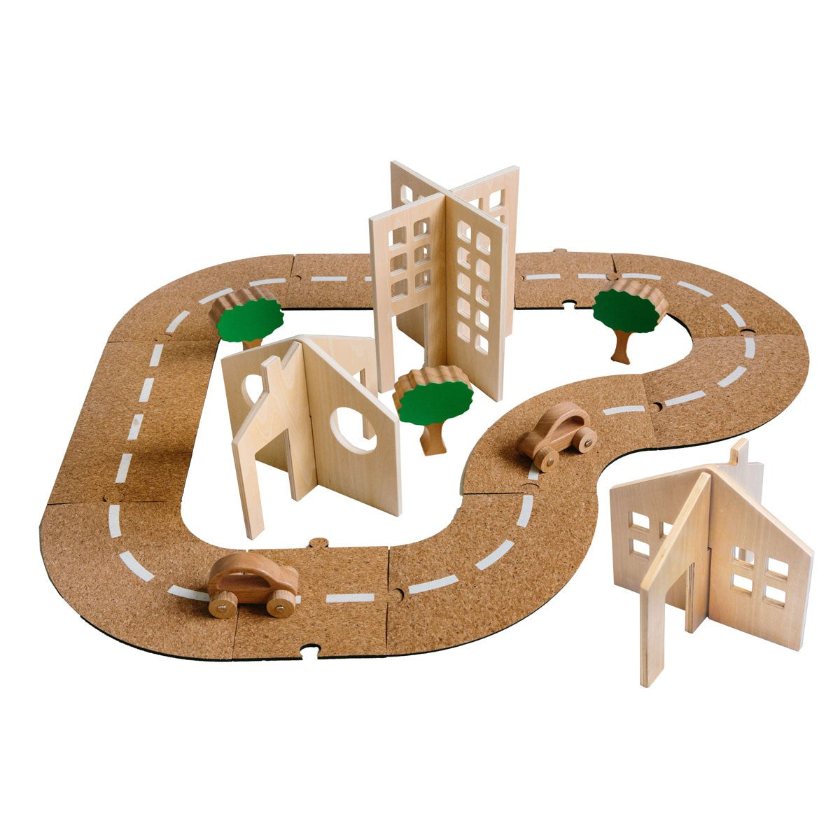 Wooden Cork Road Play Set with Buildings & Cars - 21 Piece Activity Set