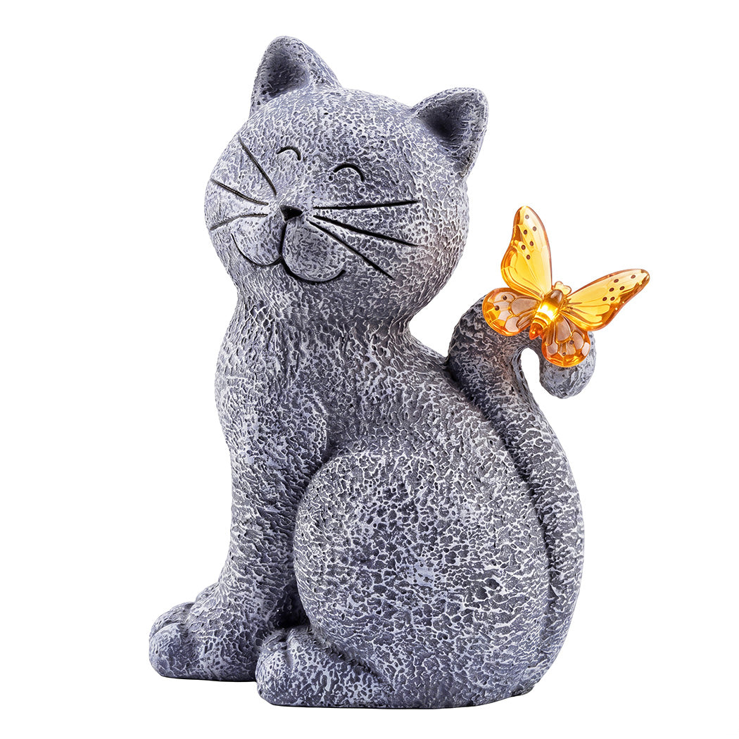 Emitto Solar Cat Butterfly Garden Statue LED Light Resin Outdoor Garden Decor-2072893540177940480