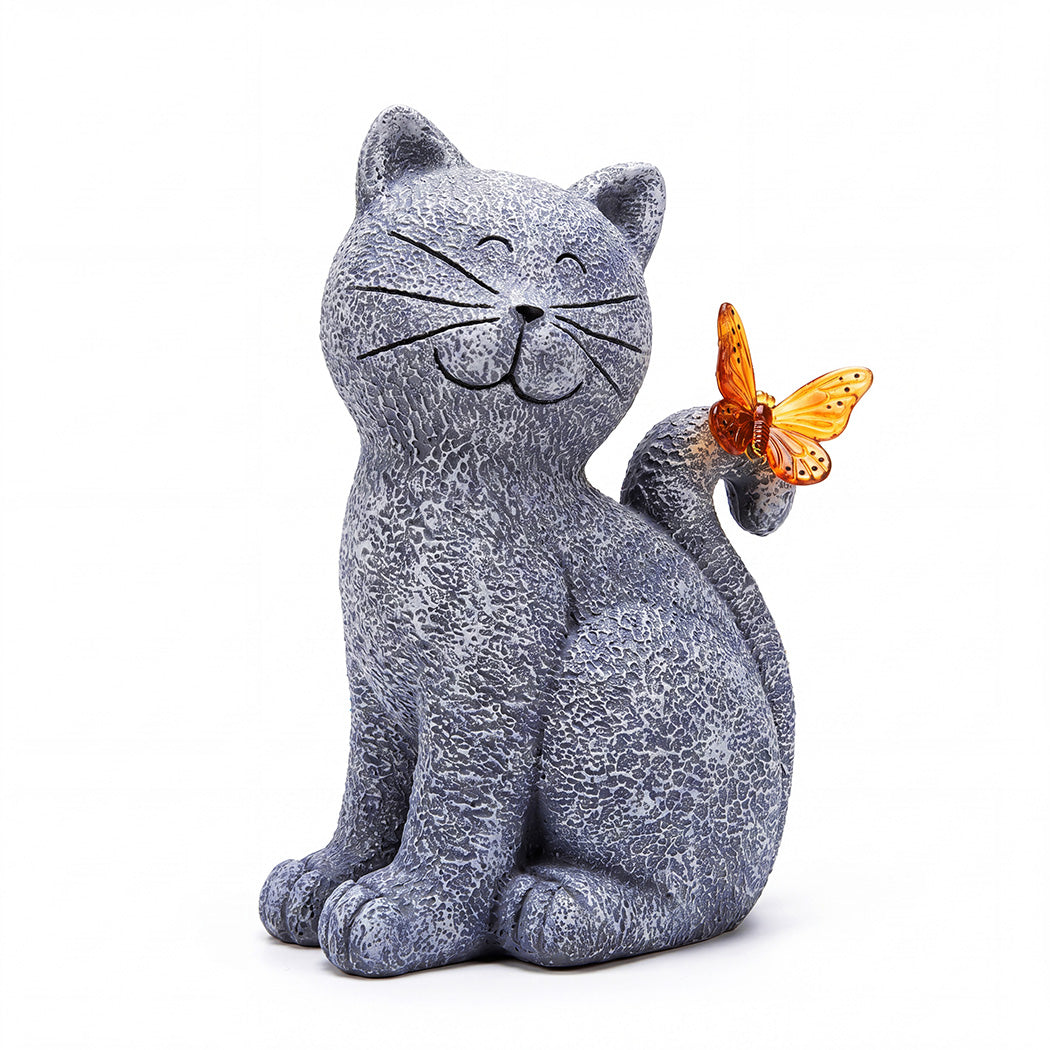 Emitto Solar Cat Butterfly Garden Statue LED Light Resin Outdoor Garden Decor-2072893540177940481
