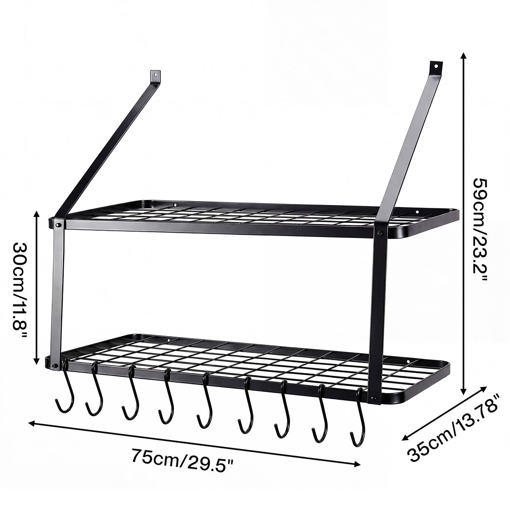 Toque Metal Pot Pan Rack Hanging Kitchen Shelf Wall Mounted Organizer 10 Hooks-2061251871485595650