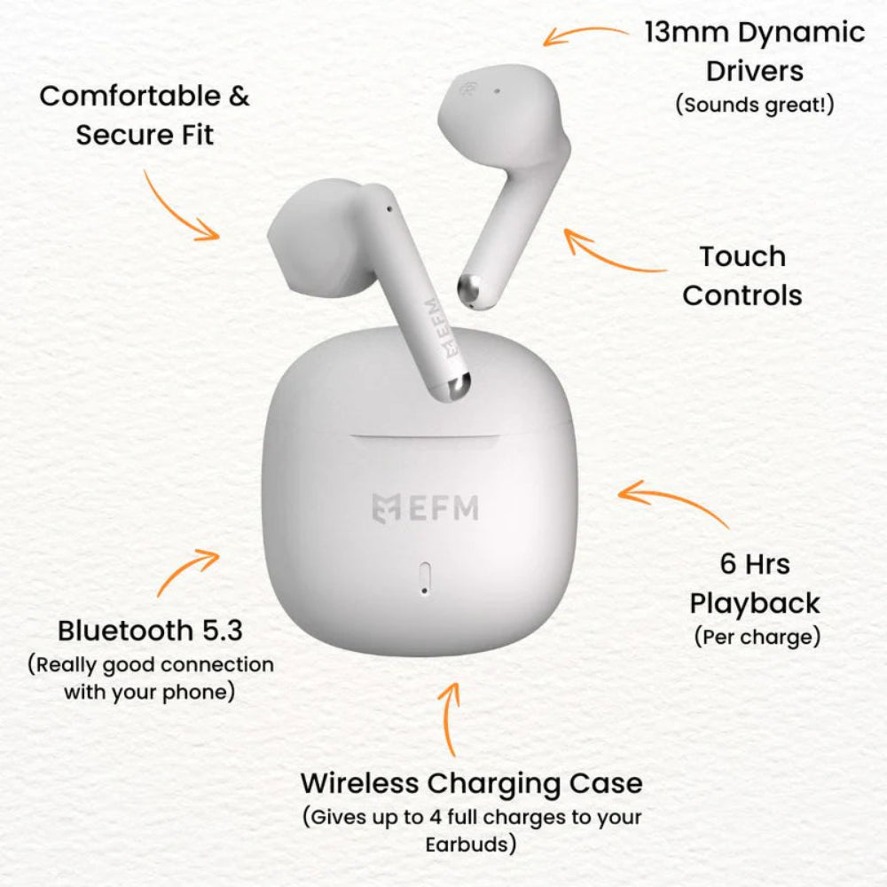 EFM Kansas TWS EarbudsWith Fast Charge - White