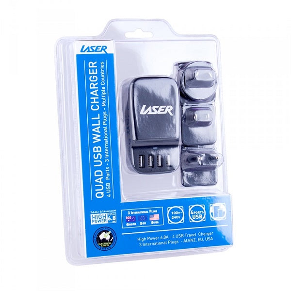 Multi-Device USB Travel Charger 4 Ports AU EU USA Interchangeable Plugs Black
