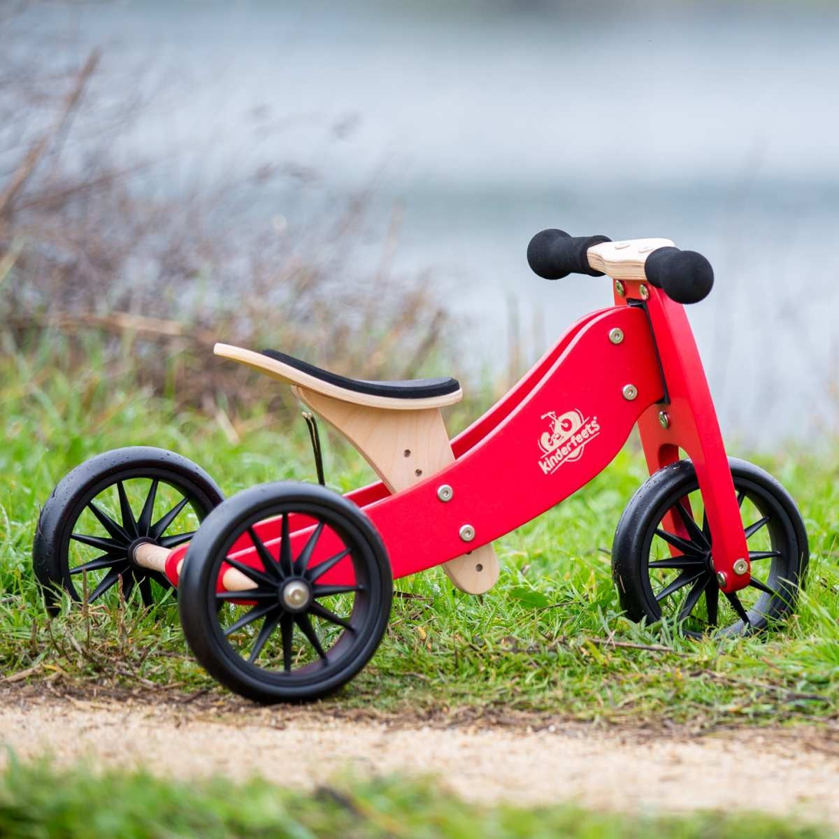 Kinderfeets Tiny Tot 2 in 1 Wooden Balance Bike and Trike for Toddlers Cherry Red