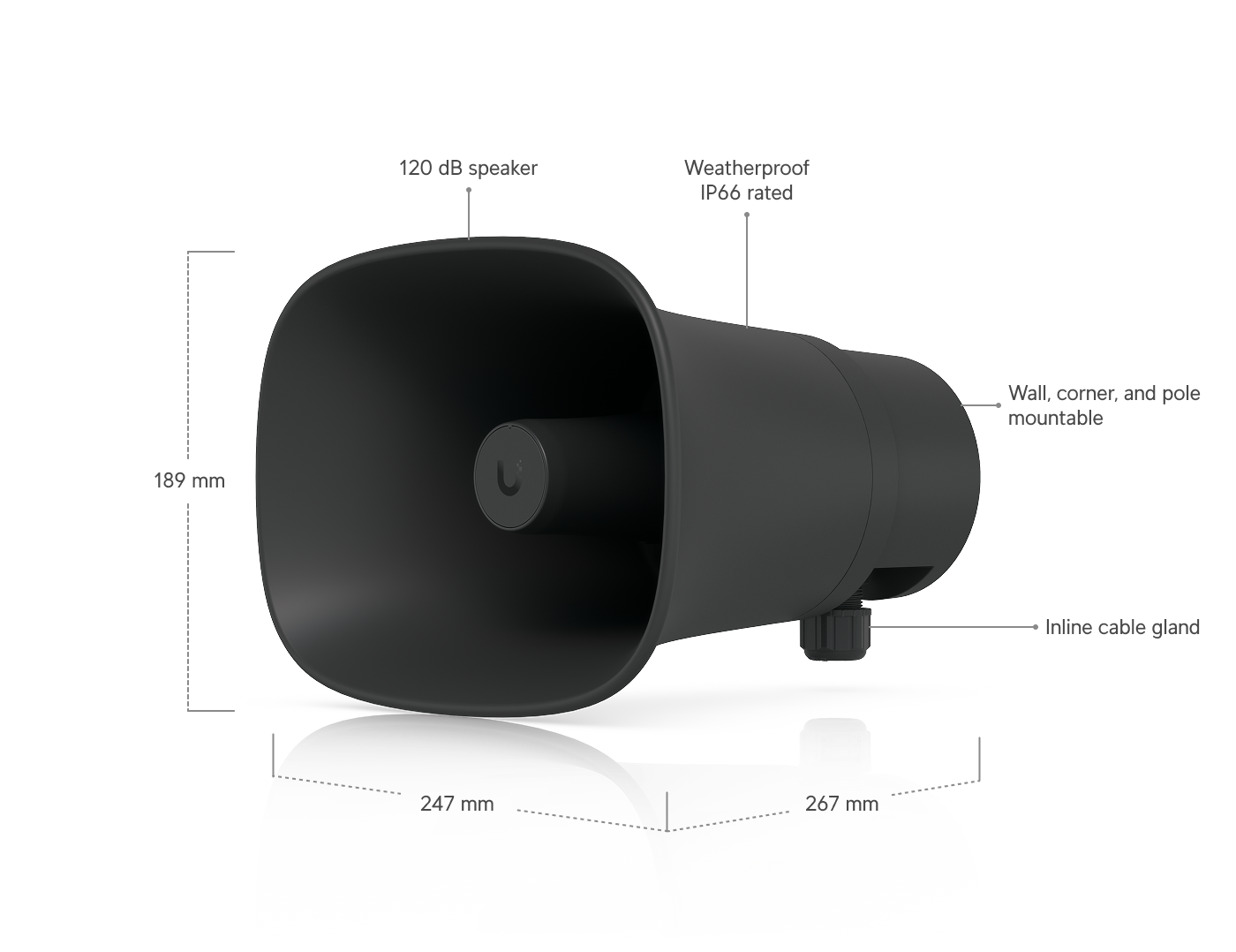 Ubiquiti AI Horn Speaker Black All Weather PoE Powered 120dB Alert Speaker with Wall Corner and Pole Mounting