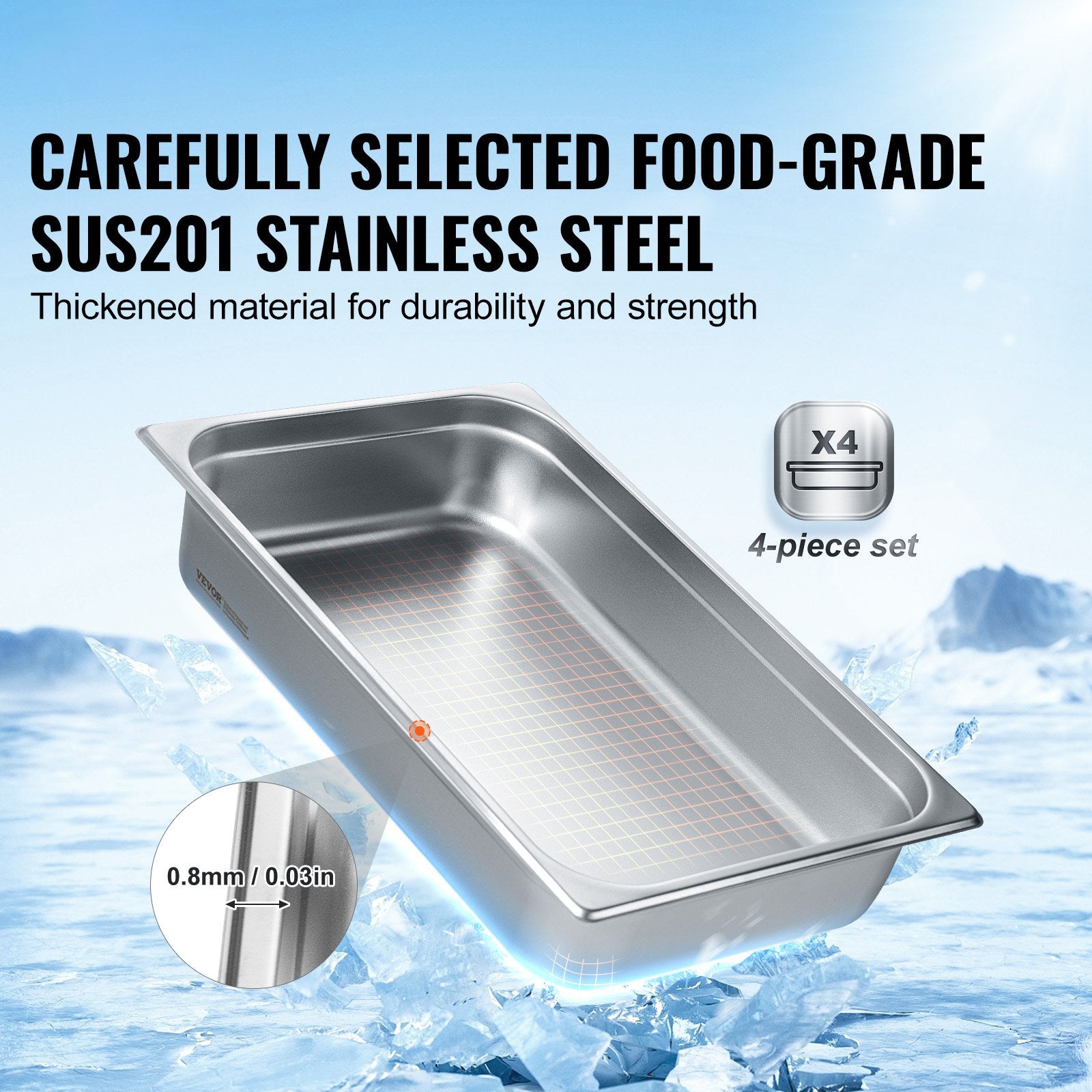4 Pack Full-Size Anti-Jam Stainless Steel Steam Pans with Lids 4" Deep