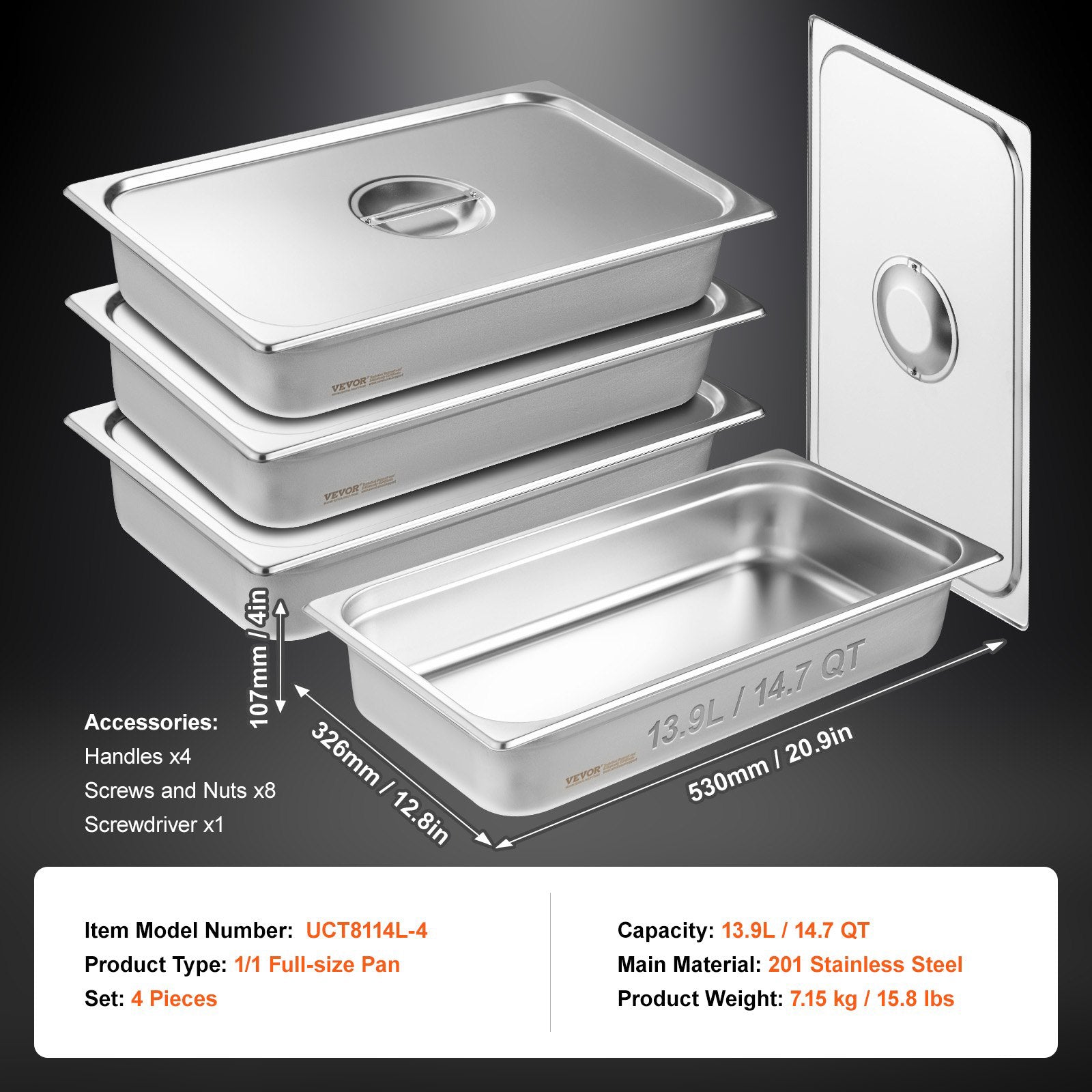 4 Pack Full-Size Anti-Jam Stainless Steel Steam Pans with Lids 4" Deep
