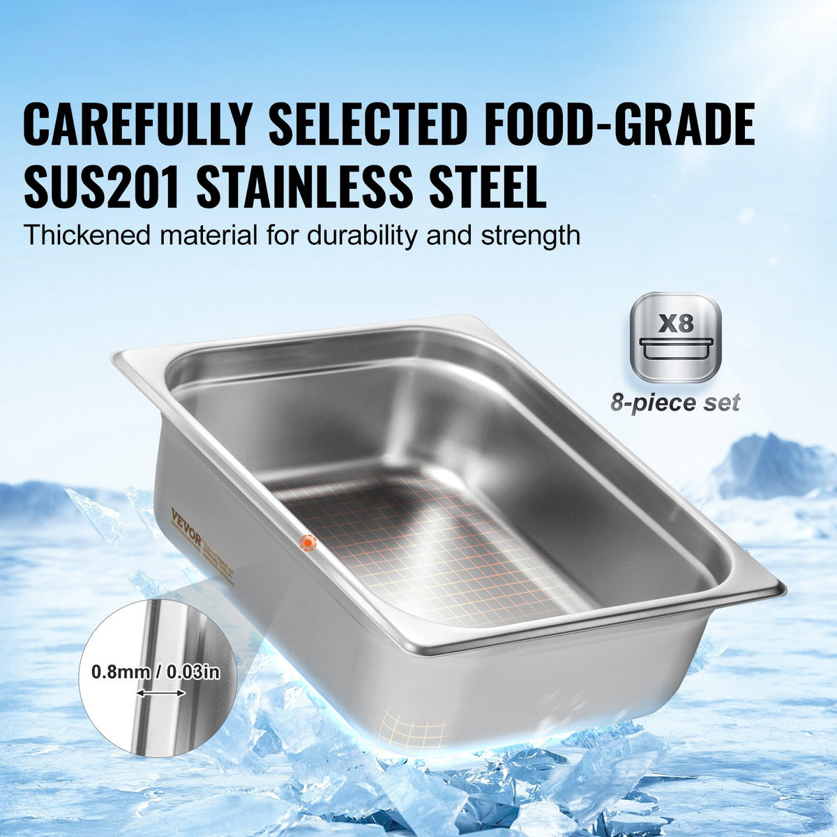 8-Pack 4" Deep Anti-Jam Stainless Steel Steam Table Pans with Lids