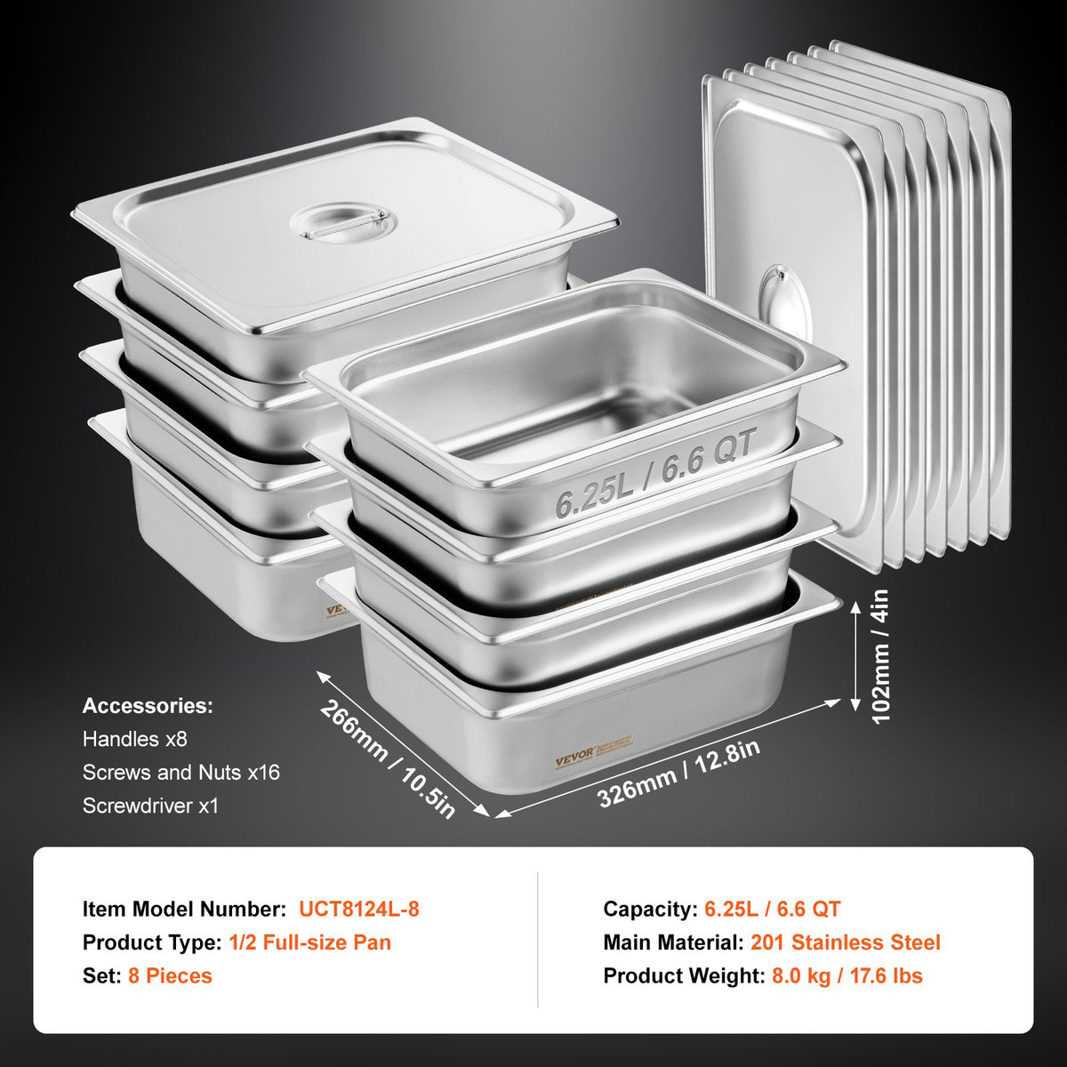 8-Pack 4" Deep Anti-Jam Stainless Steel Steam Table Pans with Lids