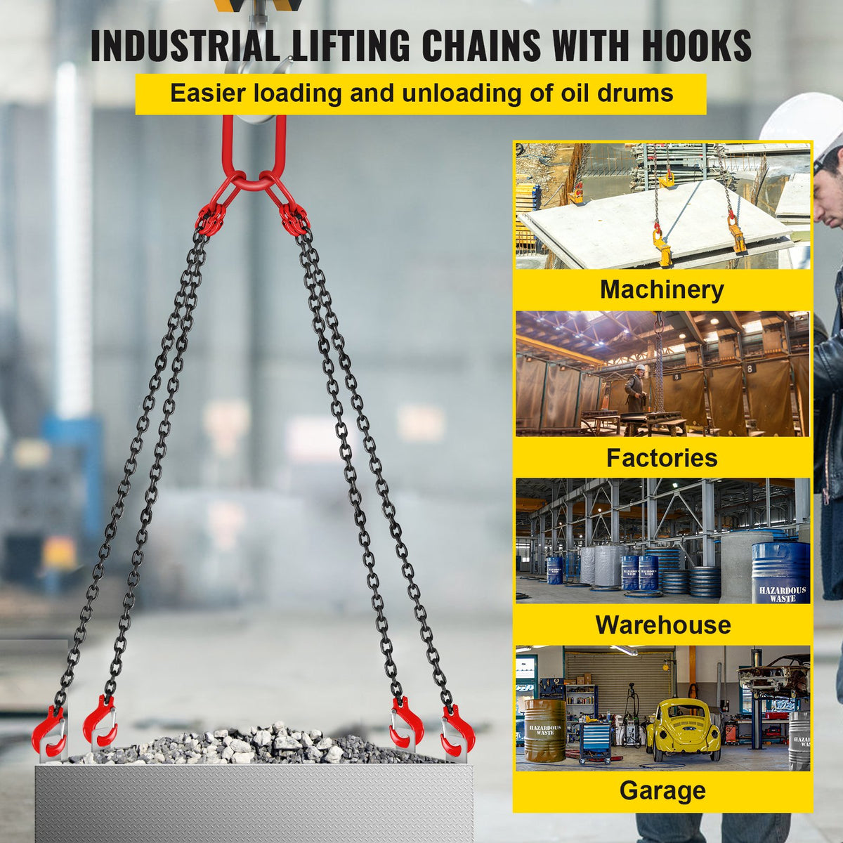 Chain Sling 8mm x 150cm, G80 5 Ton Engine Hoist Lifting Chain 4 Leg Hooks