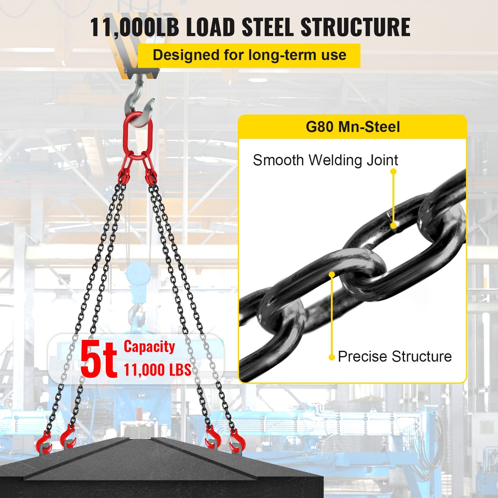 Chain Sling 8mm x 150cm, G80 5 Ton Engine Hoist Lifting Chain 4 Leg Hooks