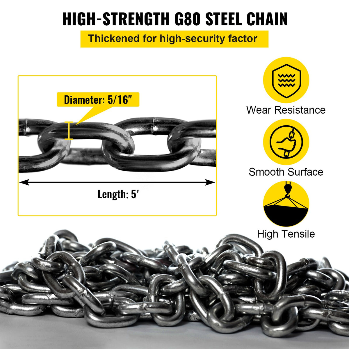 Chain Sling 8mm x 150cm, G80 5 Ton Engine Hoist Lifting Chain 4 Leg Hooks