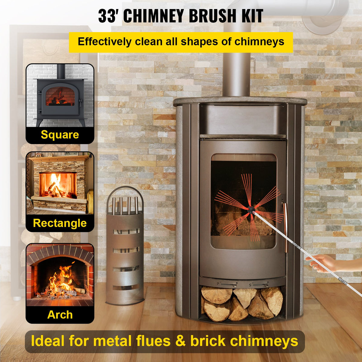 Chimney Sweep Kit 33FT Nylon Cleaning Kit Flexible Brush and 10 Rods