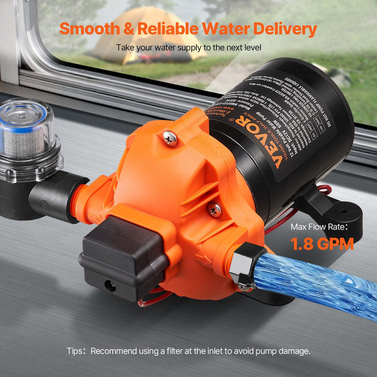 Diaphragm Pump 1.8 GPM 12V DC Water Pump 40-100 PSI 1/2 MNPT AUTO PSI SWITCH DC