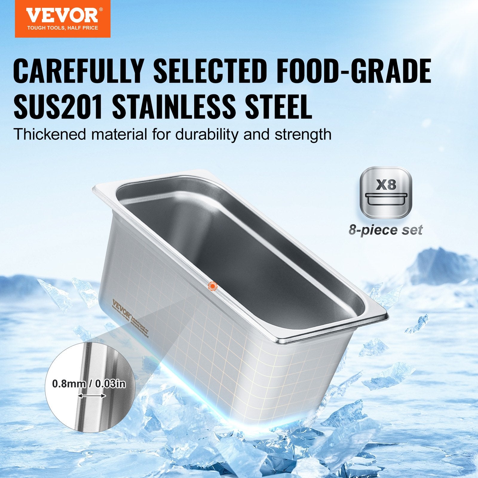 8-Pack 6" Deep Anti-Jam Stainless Steel Steam Table Pans with Lid