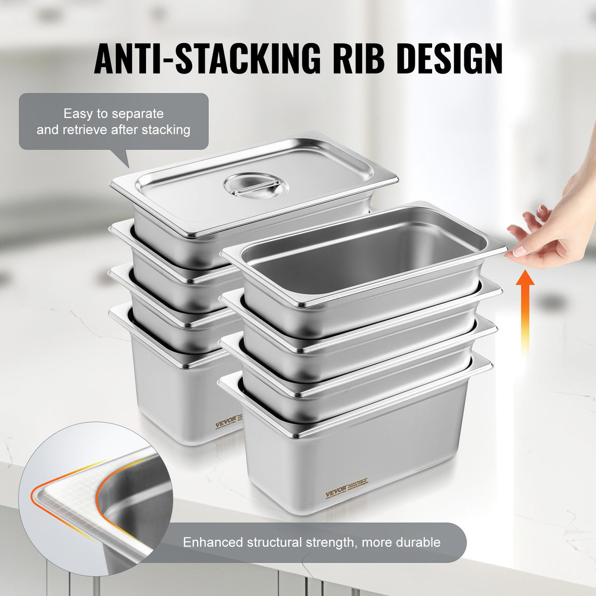 8-Pack 6" Deep Anti-Jam Stainless Steel Steam Table Pans with Lid
