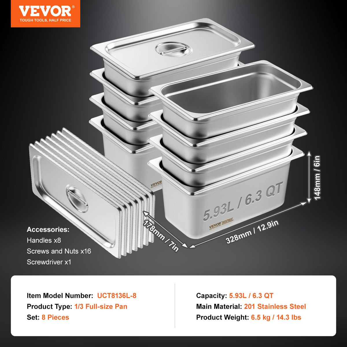 8-Pack 6" Deep Anti-Jam Stainless Steel Steam Table Pans with Lid