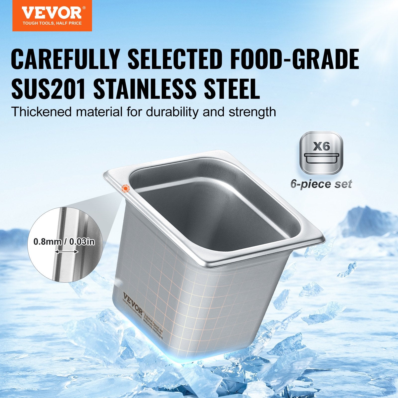 6-Pack 1/6 Size Stainless Steel Hotel Pans 6" Deep Anti-Jam Steam Pan