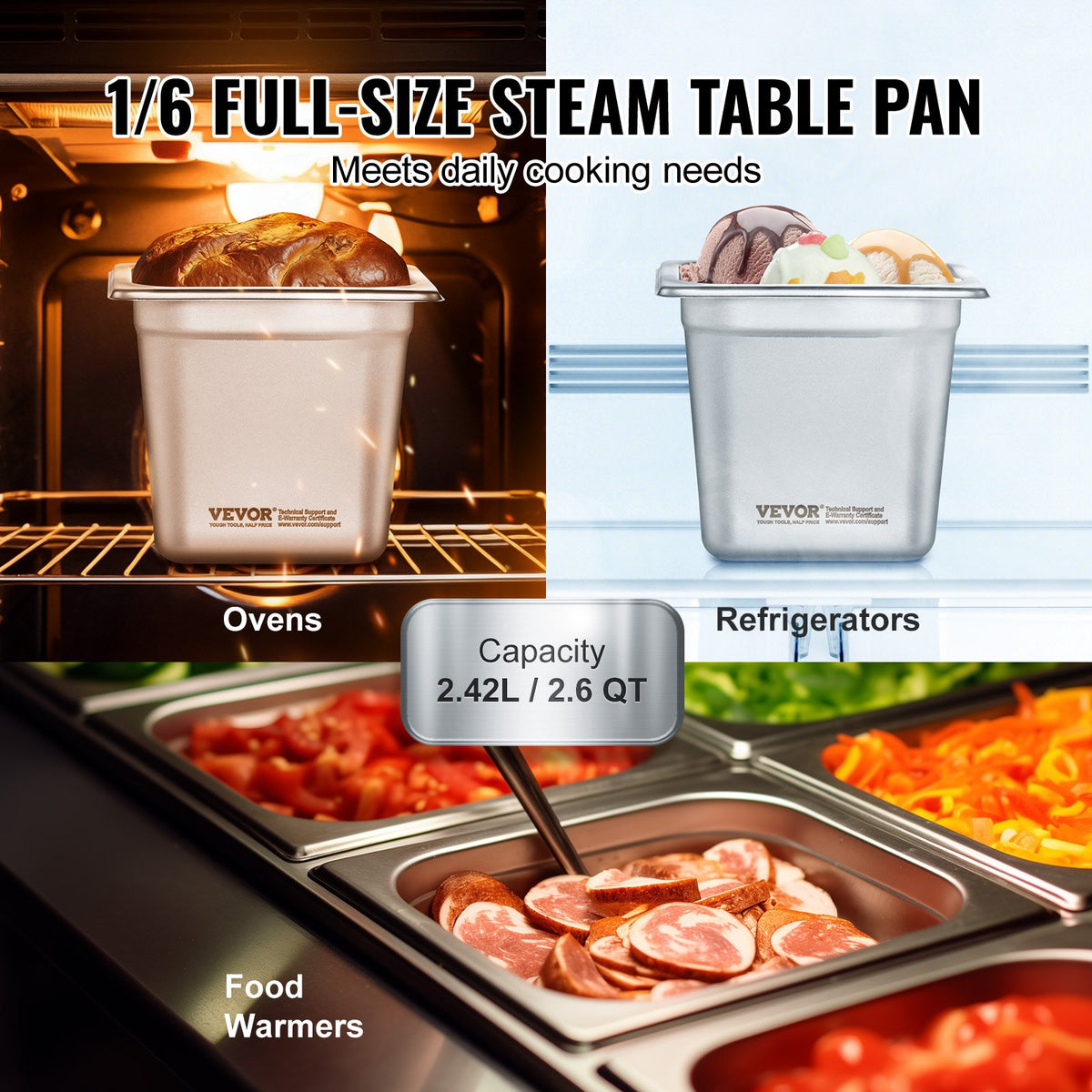 6-Pack 1/6 Size Stainless Steel Hotel Pans 6" Deep Anti-Jam Steam Pan