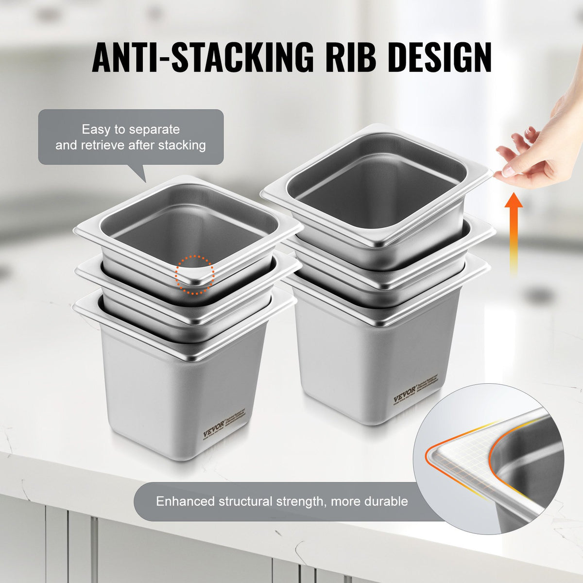 6-Pack 1/6 Size Stainless Steel Hotel Pans 6" Deep Anti-Jam Steam Pan