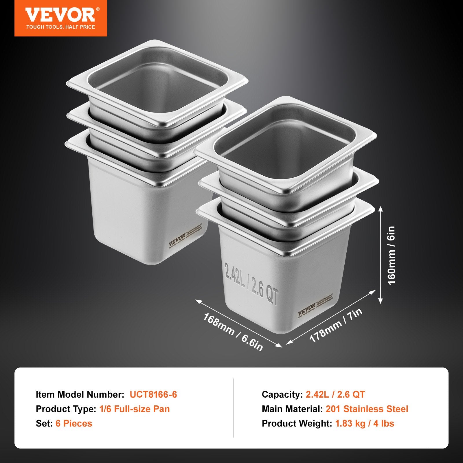 6-Pack 1/6 Size Stainless Steel Hotel Pans 6" Deep Anti-Jam Steam Pan