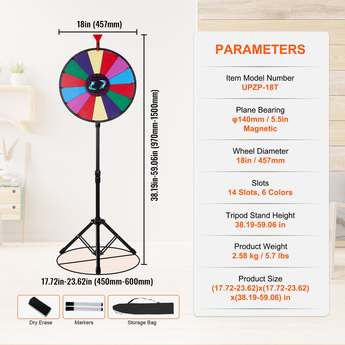 Tabletop Color Prize Wheel 18 Inch with Folding Tripod Stand 14 Slots Dry Erase