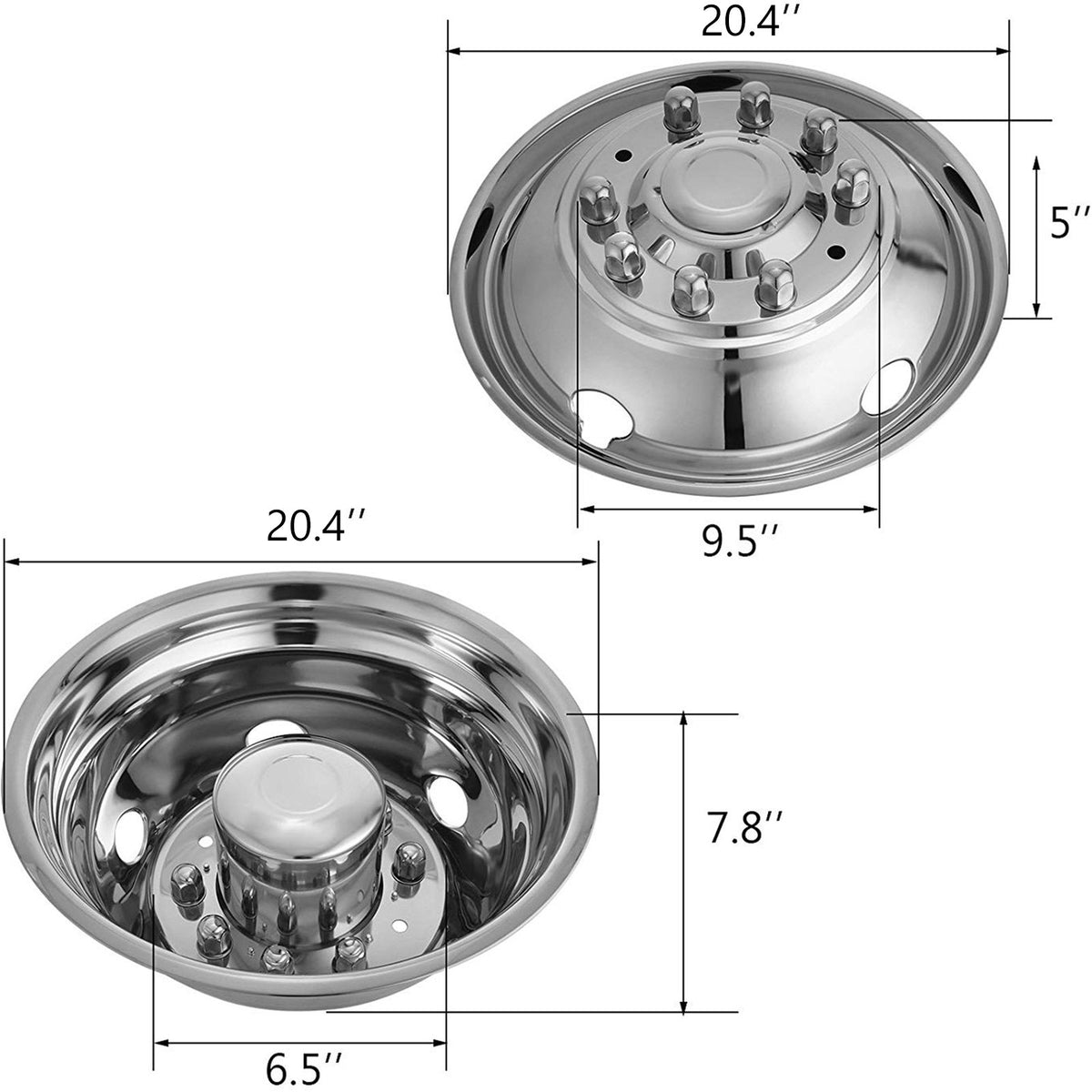 19.5" 10 Lug Wheel Simulators Stainless Steel Bolt-On Hubcap Set