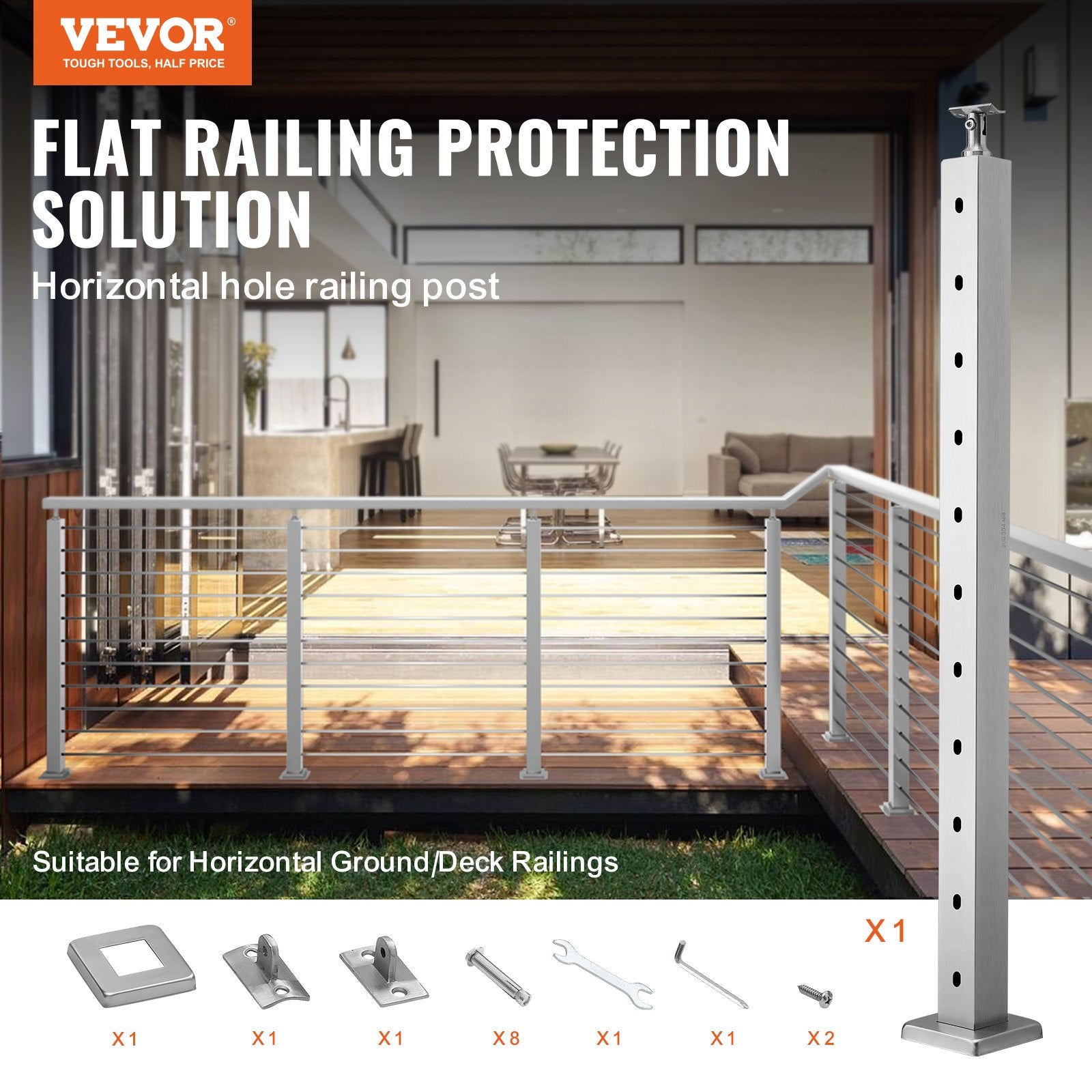 Cable Railing Post 36" Horizontal Stainless Steel Deck Post Silver