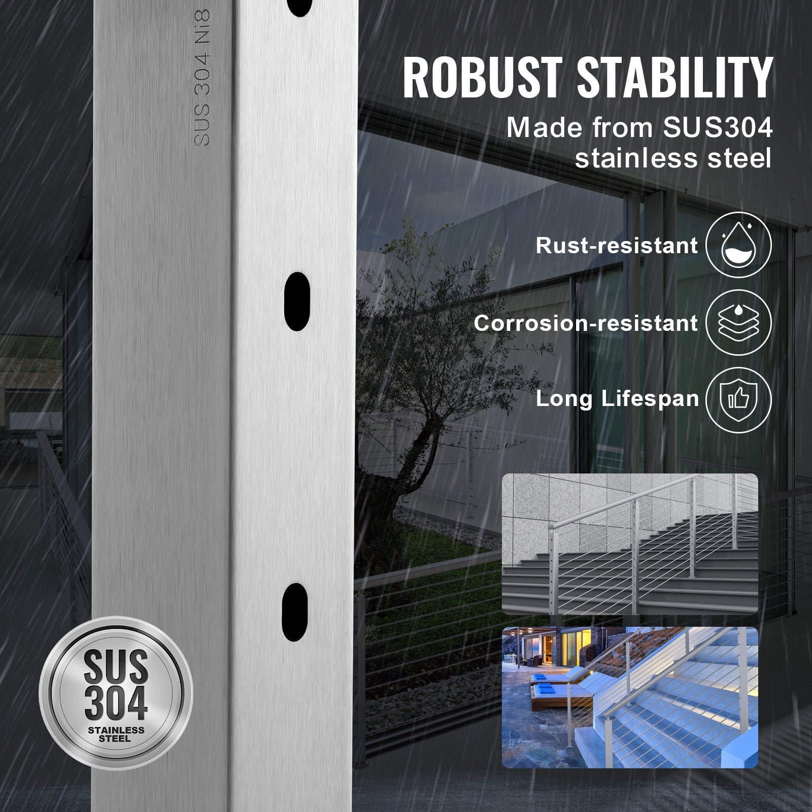 Cable Railing Post 36" Horizontal Stainless Steel Deck Post Silver