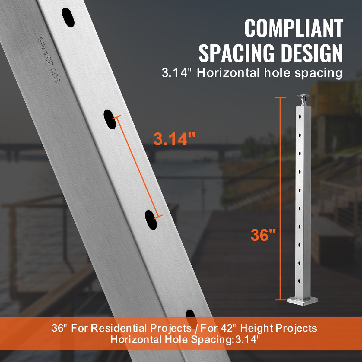Cable Railing Post 36" Horizontal Stainless Steel Deck Post Silver