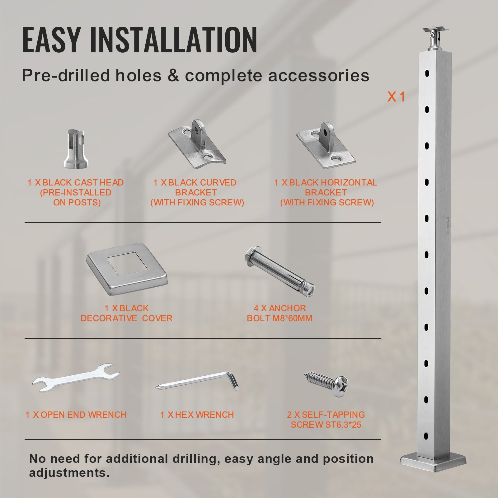 Cable Railing Post 36" Horizontal Stainless Steel Deck Post Silver