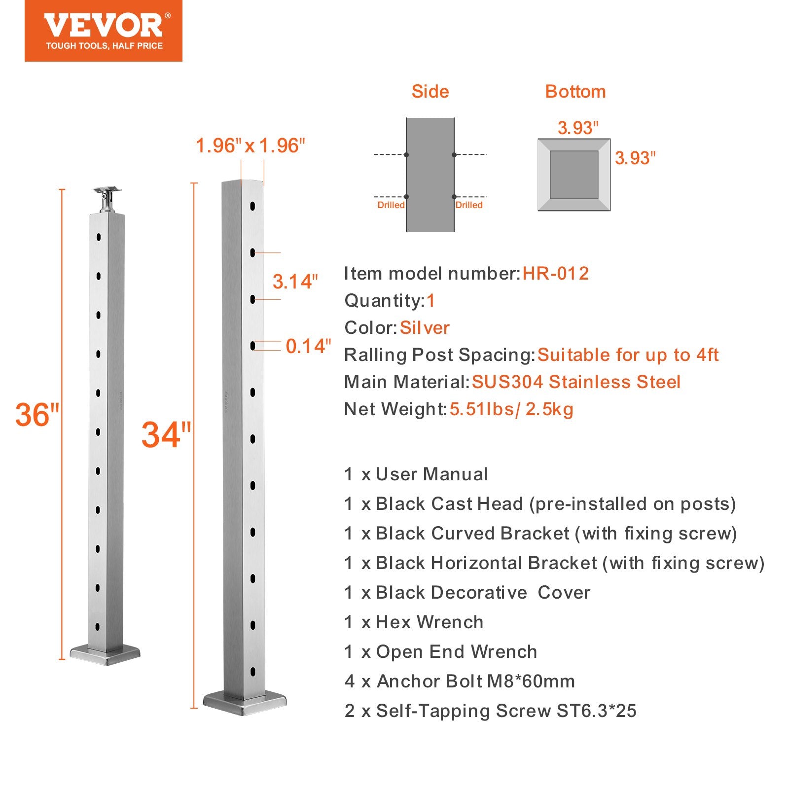 Cable Railing Post 36" Horizontal Stainless Steel Deck Post Silver