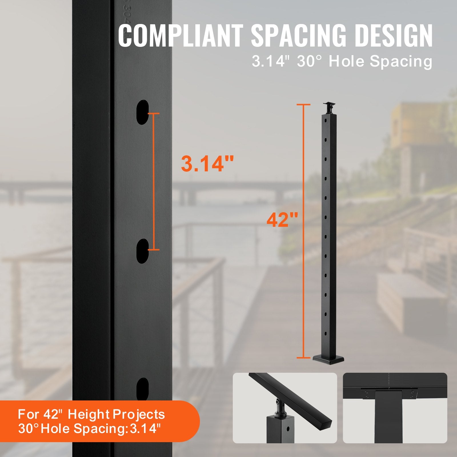 Steel Cable Railing Post 42" SUS304 12 Holes Angled Horizontal Curved Bracket
