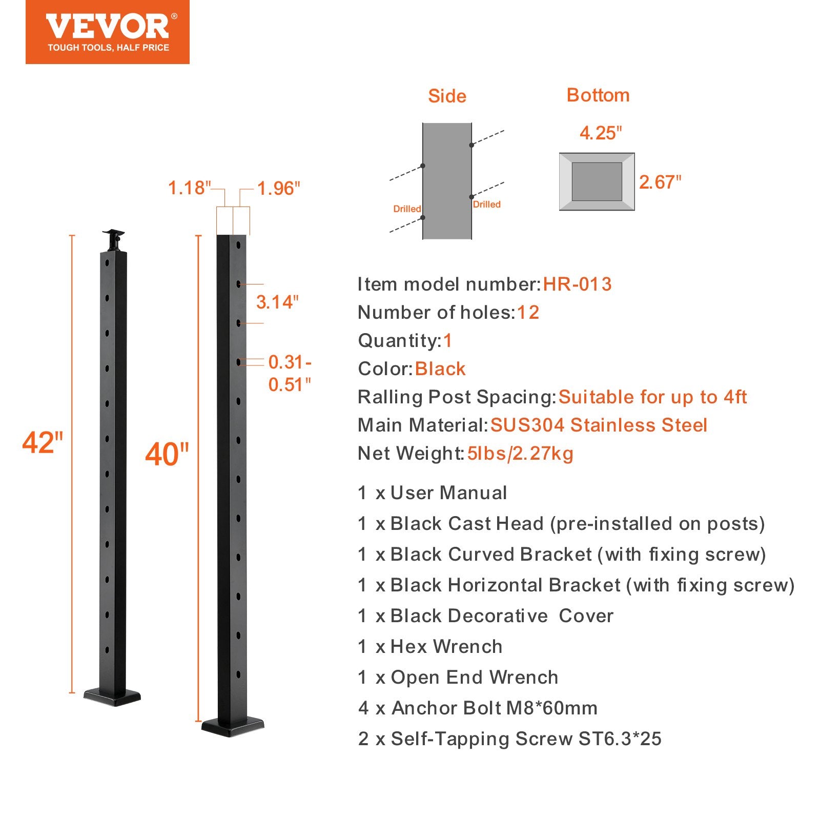 Steel Cable Railing Post 42" SUS304 12 Holes Angled Horizontal Curved Bracket