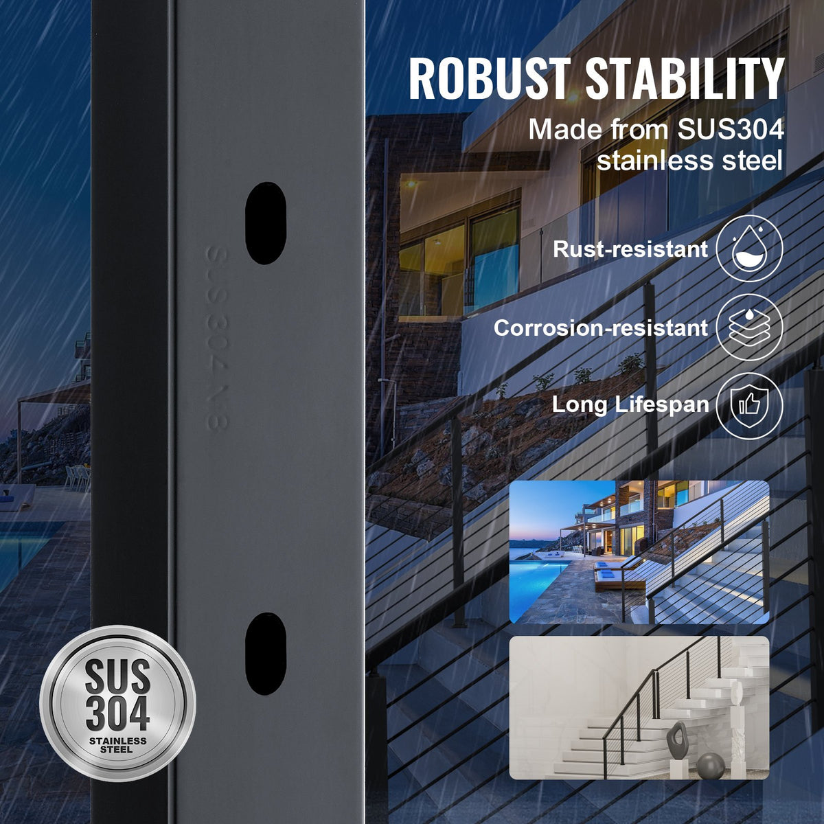 Steel Cable Railing Post 36" SUS304 10 Holes Angled Horizontal Curved Bracket