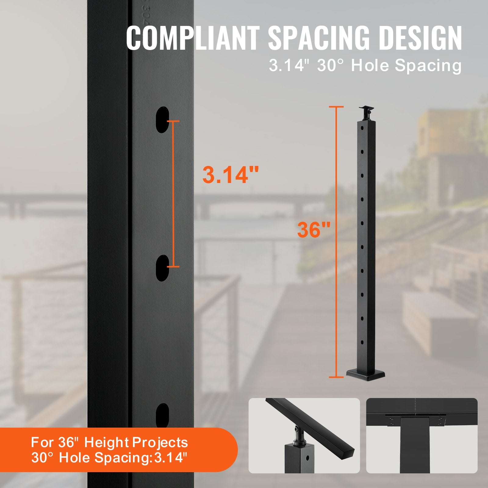 Steel Cable Railing Post 36" SUS304 10 Holes Angled Horizontal Curved Bracket