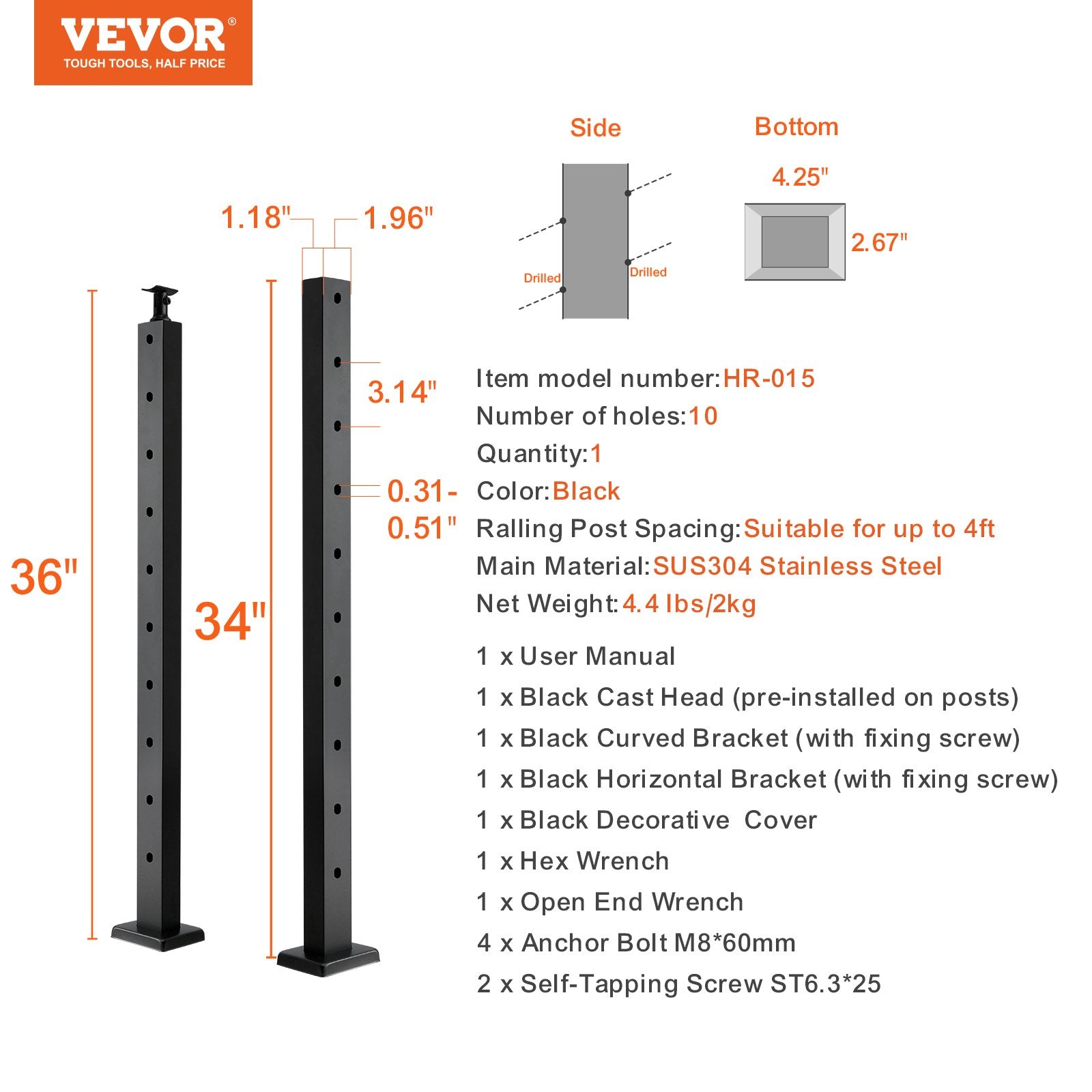 Steel Cable Railing Post 36" SUS304 10 Holes Angled Horizontal Curved Bracket