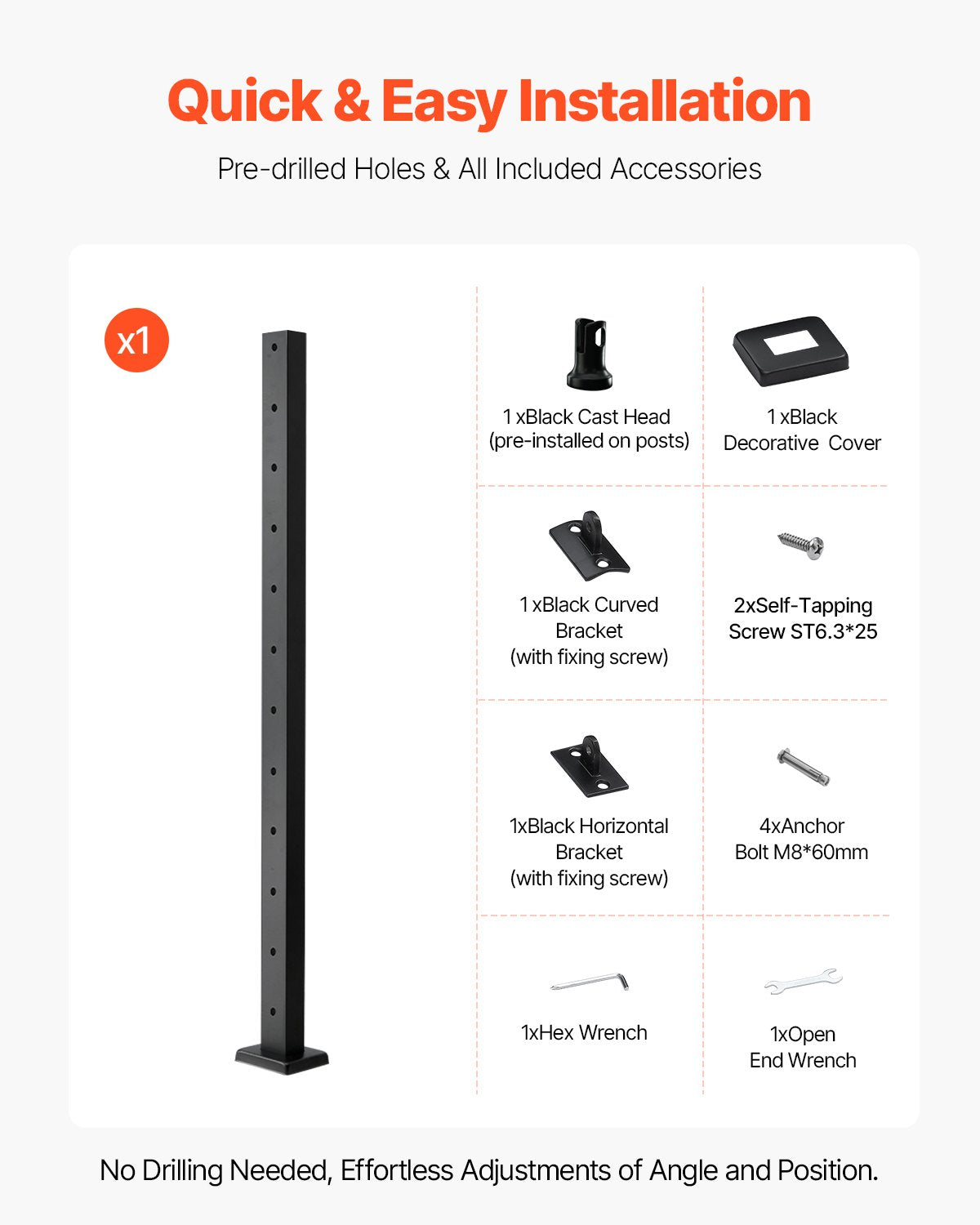 Cable Railing Post 106.7x2.5x5cm 1-Pack Stainless PreDrilled Black Handrail Kit