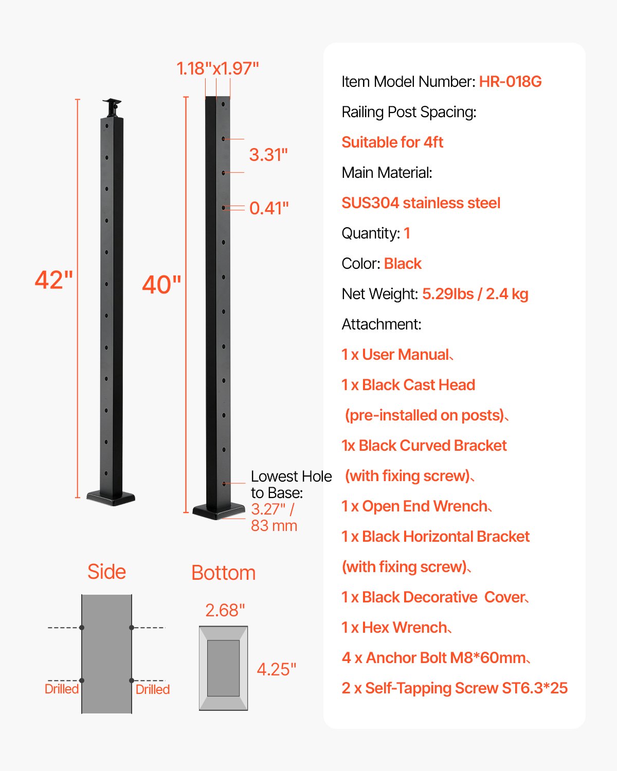 Cable Railing Post 106.7x2.5x5cm 1-Pack Stainless PreDrilled Black Handrail Kit
