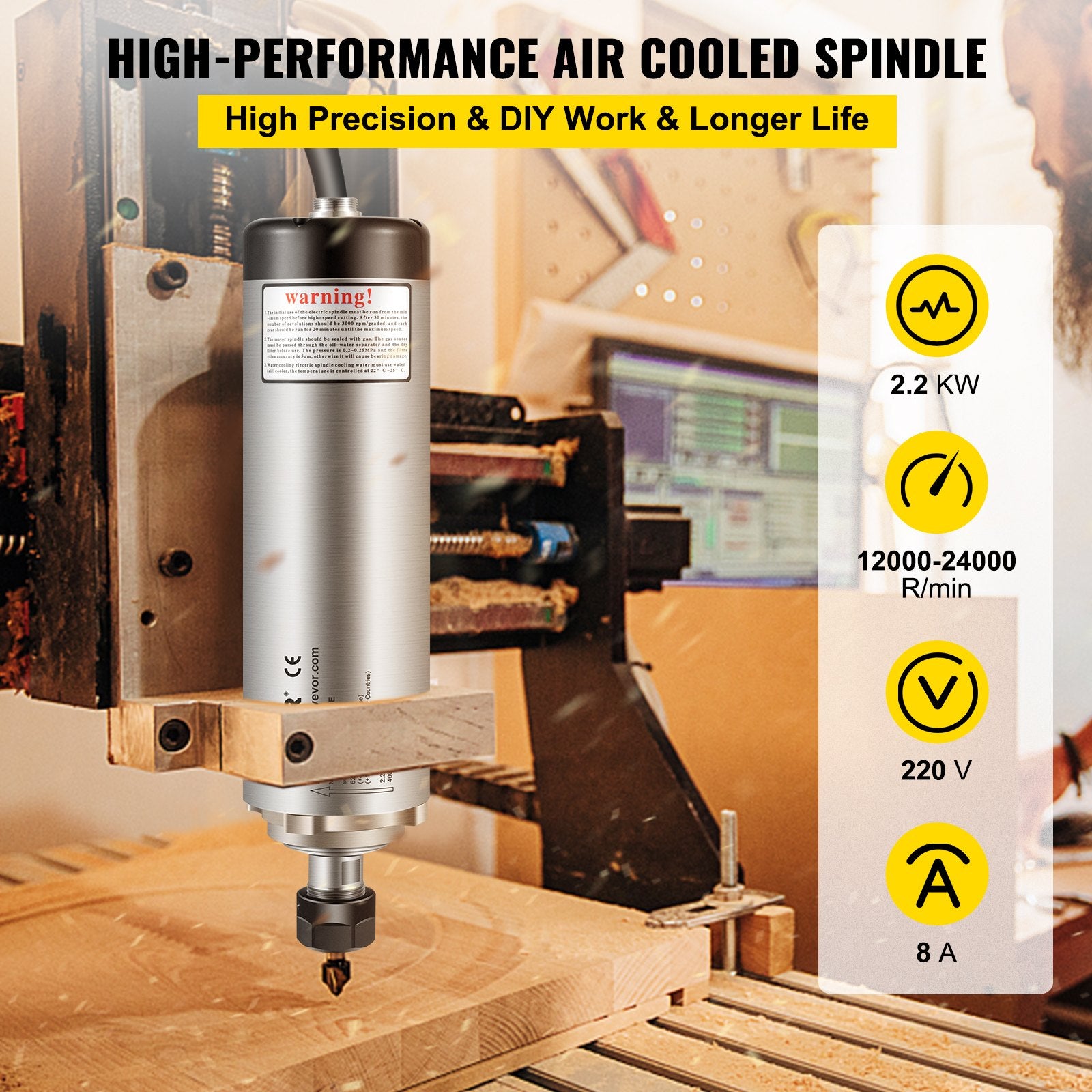 Air Cooled ER20 CNC Spindle Motor 2.2KW 24000 RPM 400Hz for Router Milling