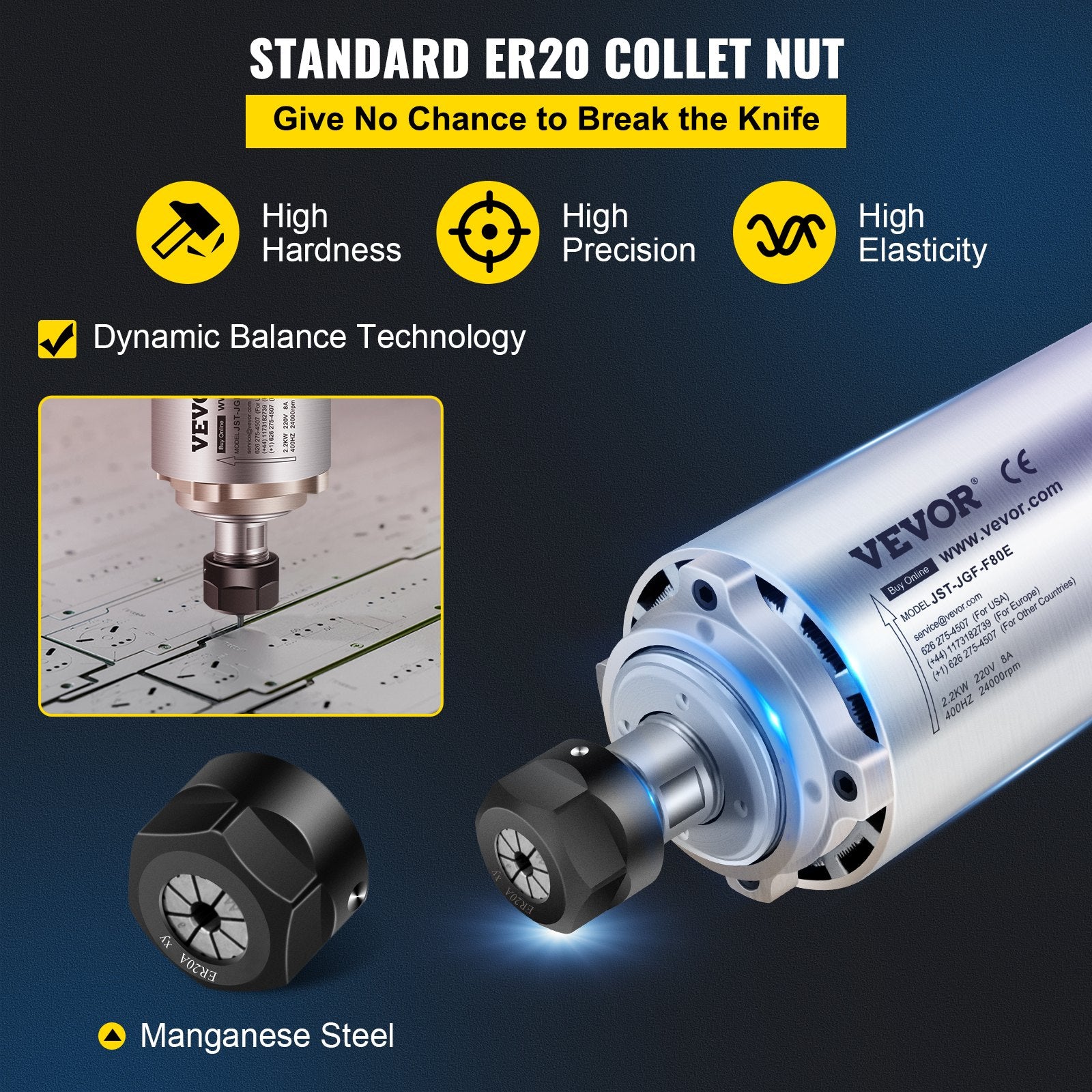 Air Cooled ER20 CNC Spindle Motor 2.2KW 24000 RPM 400Hz for Router Milling